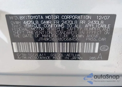 2008 Lexus Is 250 from USA, damaged, VIN JTHBK262X82068456